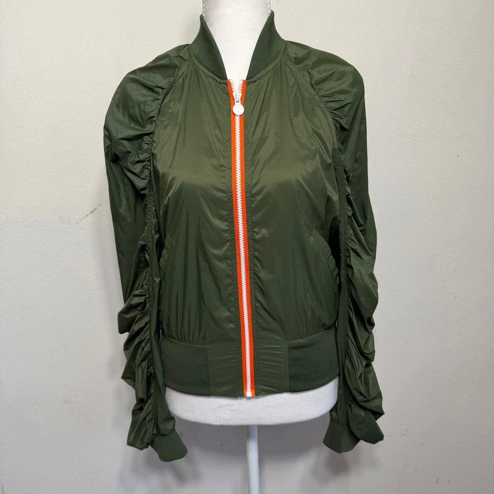 Hunter for Target Olive Green Ruched Sleeve Bomber Jacket Orange Zip Small